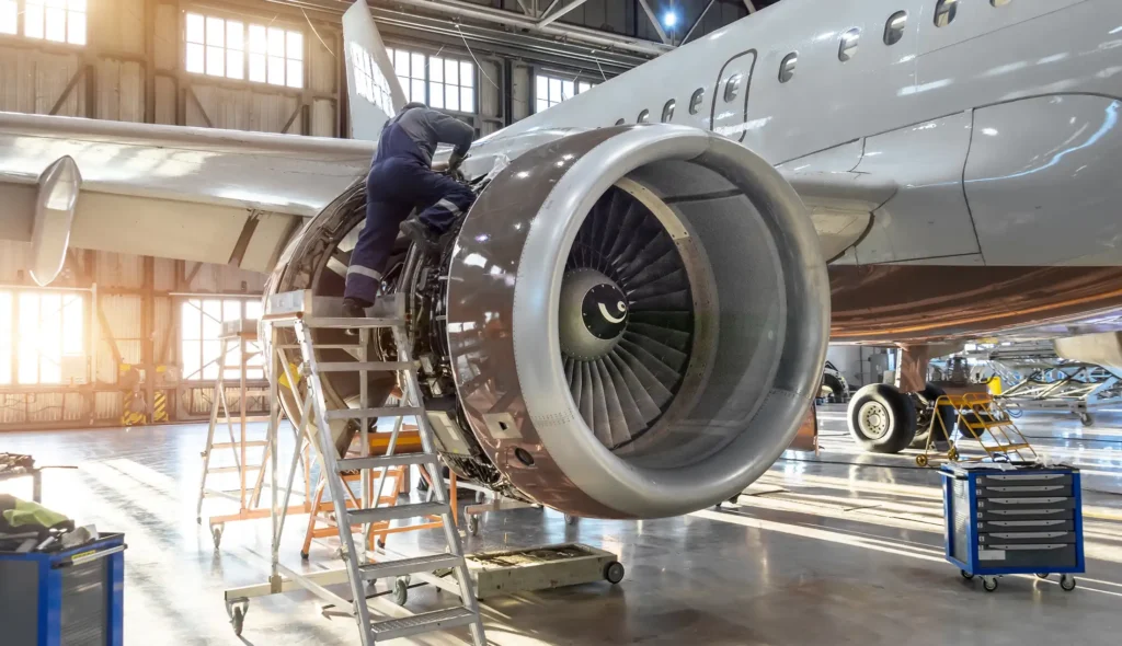 passenger aircraft in a hangar
