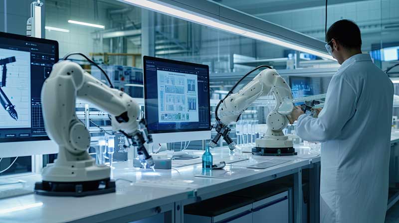 modern high-tech laboratory, people and robotic assistants work with chemical reagents, a robotic arm manipulator helps a scientist in research