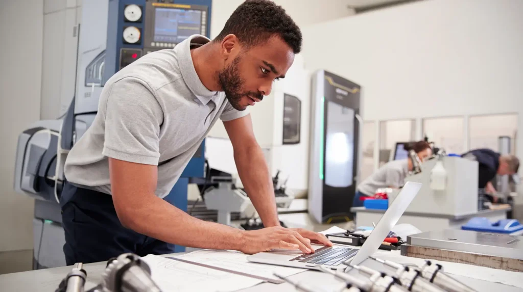 Male Engineer Using CAD Programming Software On Laptop