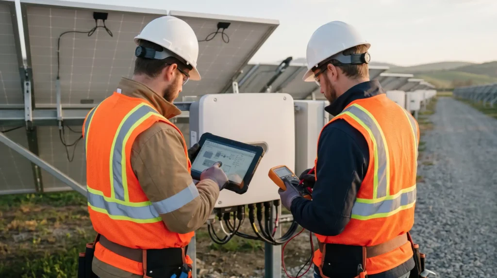 Two technicians in safety gear inspecting solar panels